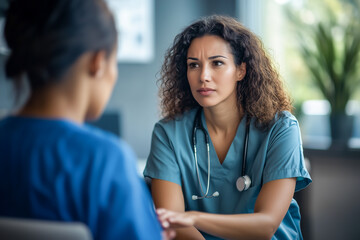Nurse is talking to a patient in a hospital room. The patient is a woman with dark hair and a concerned expression on her face. The nurse is wearing a blue scrubs and is holding the patient's hand