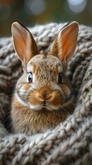 Obraz premium Adorable baby bunny with large ears nestled in soft beige blanket looking directly at camera, perfect for Easter holiday, pet care and spring season marketing.