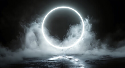White magical geometric circle neon portal shrouded in light smoke. Round glowing frame 