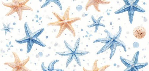  Watercolor starfish and seashells in a marine-themed pattern
