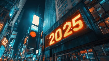 Vibrant Digital Display at Night in Urban Setting with Future Year 2025 Highlighted Against a Captivating Nighttime Sky Backdrop