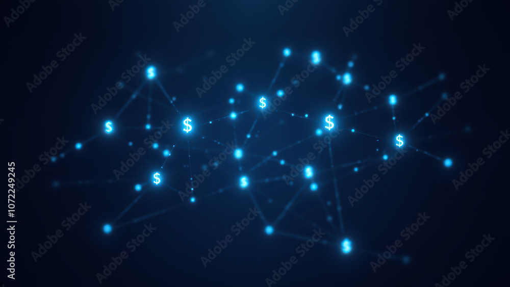 Poster blue digital network with $ symbols representing a stablecoin blockchain.