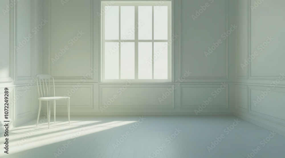 Poster 3d rendering of an empty white room with a window and a sunlight shadow on the wall.