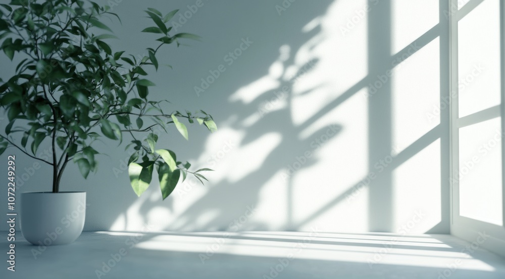 Poster 3d rendering of an empty white room with a window and a sunlight shadow on the wall.