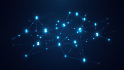 Blue digital network with $ symbols representing a stablecoin blockchain.