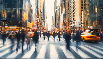 Fototapeta premium Busy street scene with crowds of Blurred people walking across an intersection in New York City. Blurred people walking 