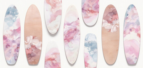 Fototapeta premium Watercolor surfboards in soft pastel tones with abstract designs