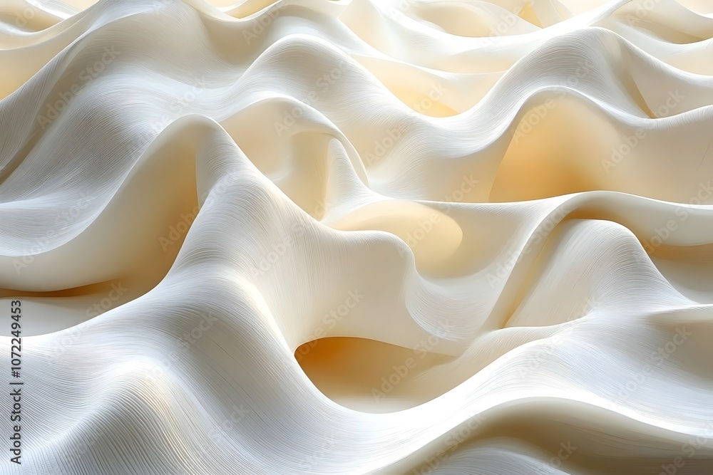 Poster an abstract representation of textured waves in soft white and cream hues, evoking a sense of calm a