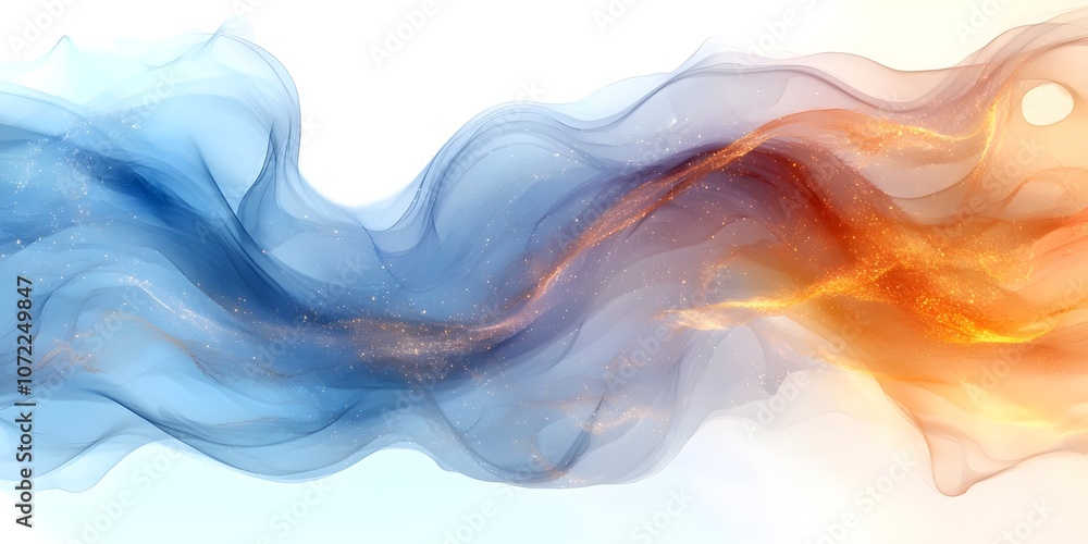 Poster an ethereal blend of flowing blue and orange fabric-like textures, creating a dynamic visual contras