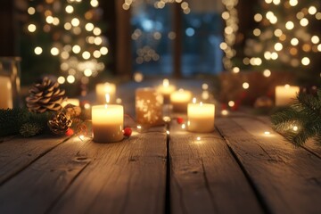 Cozy Christmas Candles and Decorations on Wooden Table