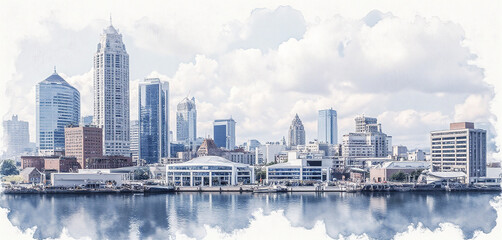 Naklejka premium Watercolor city skyline with detailed architecture in a soft color palette