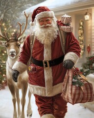 Santa's Arrival: A jolly Santa Claus strolls through a winter wonderland, his reindeer companion in tow, delivering gifts with festive cheer.  