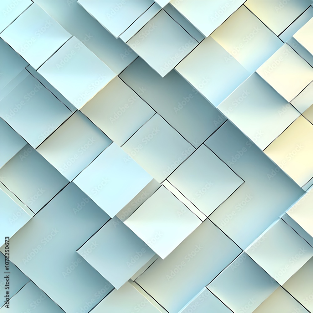 Poster an abstract composition featuring overlapping light blue and pale yellow squares, creating a dynamic