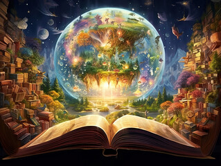 Imaginative World Inside Open Book Illustrating Fantasy and Magic in Stories