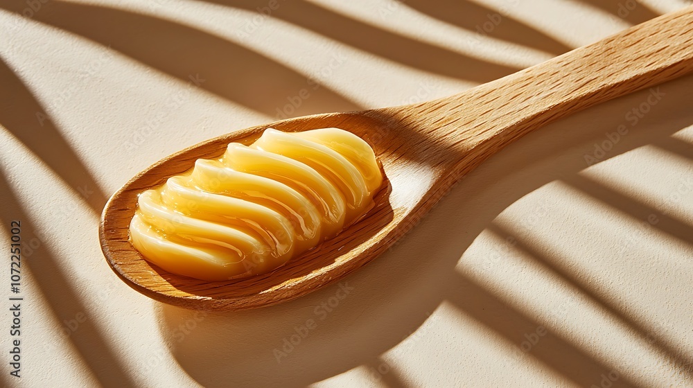 Poster A Close-Up of a Wooden Spoon with Delicate Butter Curls on a Neutral Background Highlighted by Soft Shadows and Natural Lighting