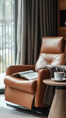 Cozy Leather Recliner with Side Table and Book