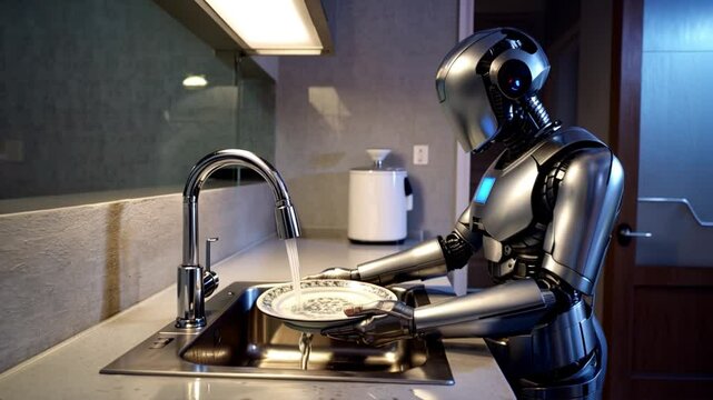 A humanoid robot washing dishes in a modern kitchen setting.