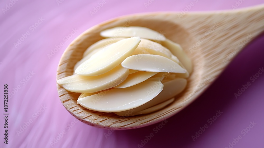 Poster a close-up view of almond slices piled neatly on a wooden spoon against a soft pink background, perf