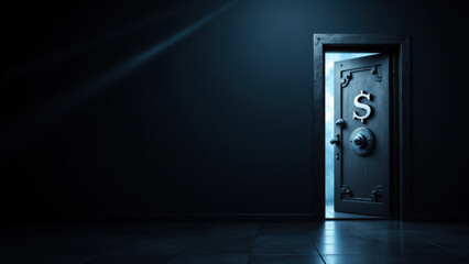 Doorway leading into an underground vault with a digital coin symbol on its surface.