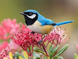 Obraz premium Blue-Capped Bird on Pink Flowers: A vibrant blue-capped bird, perched delicately on a cluster of pink flowers, captivating with its striking colors and intricate details.