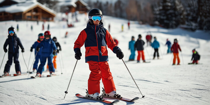 Ski instructor giving a lesson to a group of beginners on a gentle slope, with the ski resort's hotel and ski lifts in the distance.