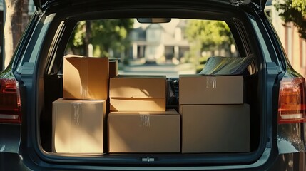 Trunk of an SUV with moving boxes and suitcases
