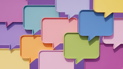 Fototapeta premium An array of colorful speech bubble shapes against a vibrant backdrop, symbolizing communication and dialogue.