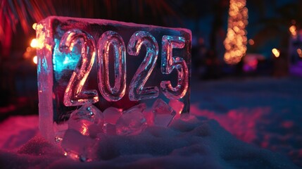 Happy New year from number 2025 made from a block of ice. Closeup of snow block displaying number, white snow texture, winter theme, perfect for holiday countdown or seasonal decor.