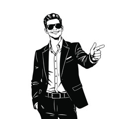 a black and white illustration of a man in a formal suit and sunglasses