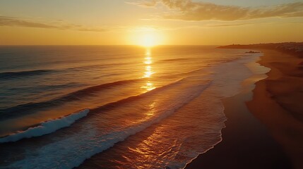 A stunning sunset over the ocean, illuminating the waves and shore with a warm golden glow.