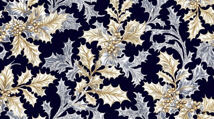 Seamless pattern featuring vibrant green holly leaves with bright red berries, perfect for festive holiday designs.