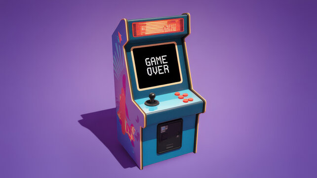 A vibrant arcade game machine with a retro design displaying 'GAME OVER' on the screen, against a deep purple background.