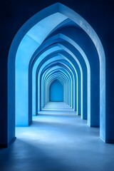 Fototapeta premium A serene passage featuring multiple blue arches, creating a tranquil and elegant atmosphere. The play of light and shadow enhances the architectural beauty.