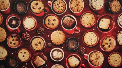 Obraz premium Red table adorned with assorted cookies, perfect for holiday gatherings, featuring chocolate chip sugar cookies.