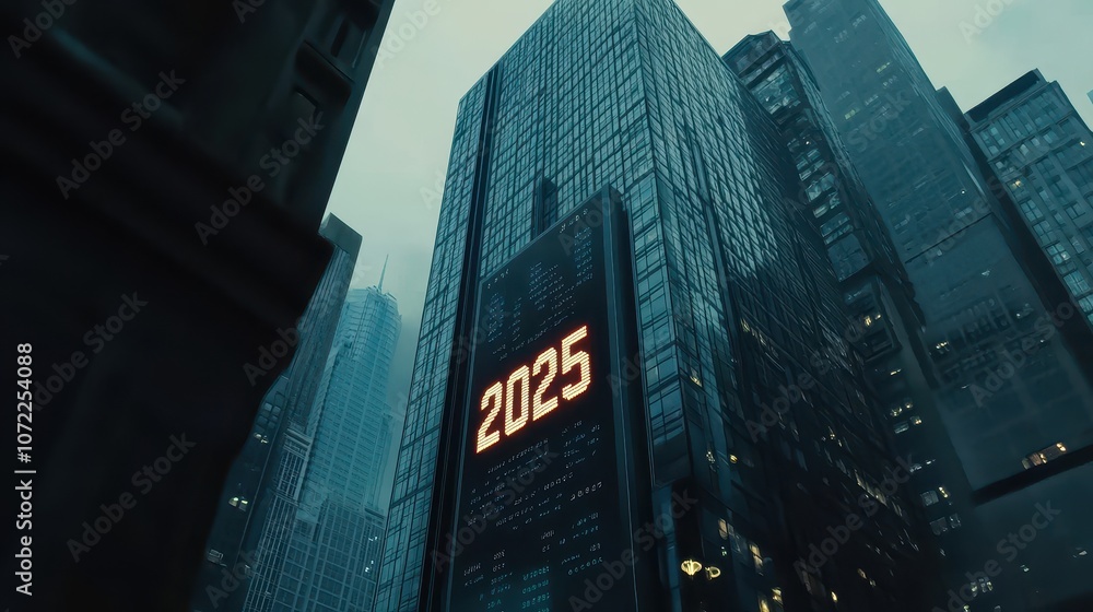 Poster close-up view of a skyscraper featuring a large digital display showing the year 2025 against a mode