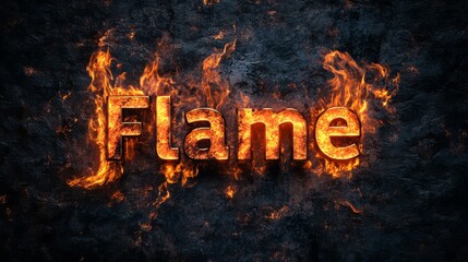 Flame Text Effect: The word "Flame" is rendered in bold, 3D letters, engulfed by a raging inferno. The fiery text is set against a dark, textured background, creating a dramatic and powerful visual.