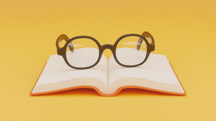 A pair of stylish black glasses rests on an open book against a vibrant yellow background, symbolizing knowledge and learning.