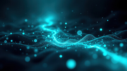 Dynamic abstract digital artwork featuring a glowing blue aura with star-like particles, symbolizing technology and innovation.