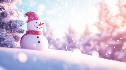 Fototapeta premium Cheerful snowman with carrot nose, coal eyes, red scarf, black hat, surrounded by fresh snow, bright winter day.