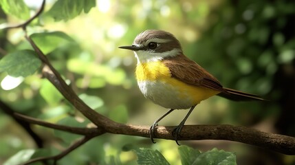 Mockingbird sitting on a tree branch between green leaves, blurred background