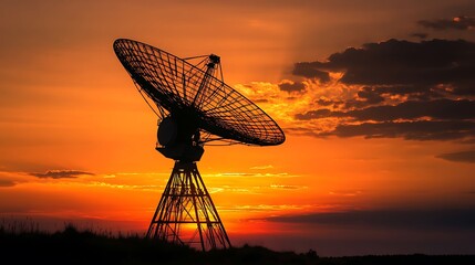 A silhouette of a satellite dish against a vibrant sunset sky, representing communication technology.