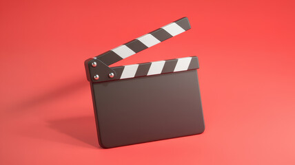A classic black film clapperboard stands ready for action against a vibrant red background, symbolizing creativity in filmmaking.