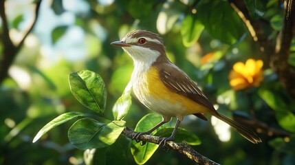 Mockingbird sitting on a tree branch between green leaves, blurred background