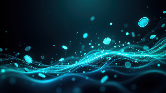 Dynamic digital artwork depicting an abstract representation of blockchain technology with a focus on stablecoins.