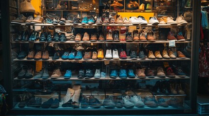 A Shoe Store Display Showcase Featuring a Wide Variety of Footwear Styles
