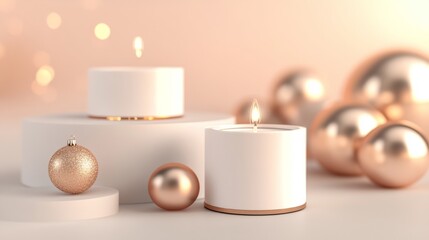 Warm candlelight glows among festive red gold Christmas ornaments on wooden table, creating cozy holiday ambiance.