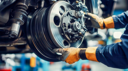 Technician performs critical brake maintenance on automotive wheel assembly