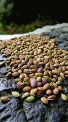 Obraz premium A close-up of scattered pistachio nuts on a textured surface in a natural setting.