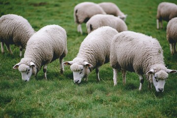 Obraz premium Sheep Grazing in Vibrant Pasture Landscape