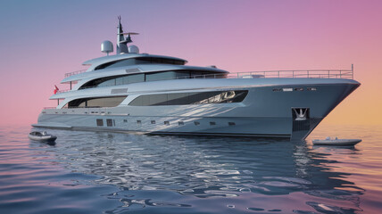Naklejka premium A luxurious modern yacht glides smoothly on tranquil waters at sunset, showcasing sleek lines and elegant design, perfect for a lavish getaway.